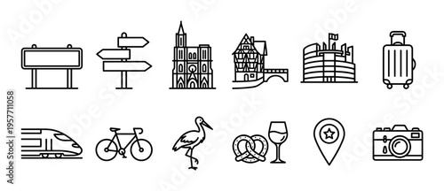 Set of black line travel icons featuring European tourism symbols like a cathedral, half-timbered house, stork, train, and luggage, representing a vacation or journey