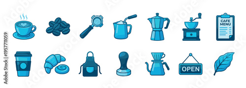 Collection of blue coffee and barista icons featuring a cup, beans, grinder, moka pot, and croissant in a clean, modern vector illustration style for cafe themes