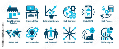 Set of twelve blue icons representing small and medium-sized enterprise concepts such as business growth, startup office, digital commerce, finance, innovation, and global teamwork
