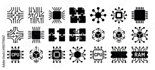 Set of black technology glyph icons representing computer hardware components like CPU, RAM, microchips, processors, and circuit boards for concepts of digital innovation