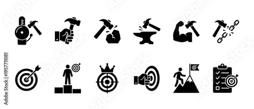 Black glyph icon set illustrating concepts of hard work, ambition, and success with various symbols like hammers, targets, mountains, and anvils