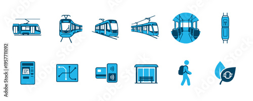 Blue and black public transportation icon set showing various trams, a ticket machine, contactless payment, and a bus stop for urban mobility and commuting concepts