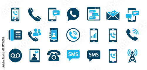 Collection of blue communication technology icons representing phones, messages, calls, and mobile connectivity in a clean, flat vector illustration style
