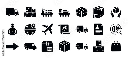 Black glyph icon set for logistics and shipping, featuring symbols for delivery truck, cargo ship, airplane, parcel, and global transportation for e-commerce business