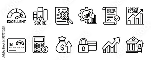 Set of black financial line icons representing credit score, banking, and investment concepts, including a report, calculator, money bag, growth chart, and security symbols
