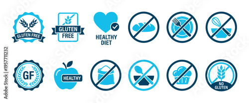 Set of blue gluten free icons and healthy diet symbols for food packaging, including no wheat, bread, and flour prohibition signs, presented as a clean vector graphic illustration