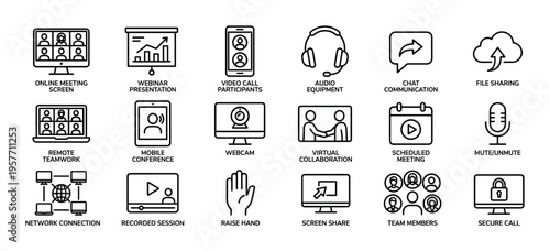Collection of black line icons for online meetings and remote work, including symbols for webinar, video call, screen sharing, and virtual collaboration in a clean vector style