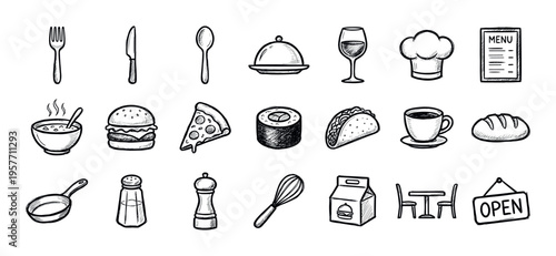 Large set of hand-drawn food and restaurant icons in a doodle sketch style, including a burger, pizza, sushi, cutlery, chef hat, and menu for cafe or diner concepts