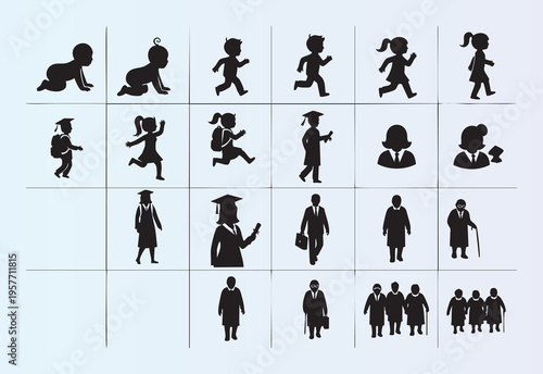 Human life stages and education journey silhouettes collection isolated