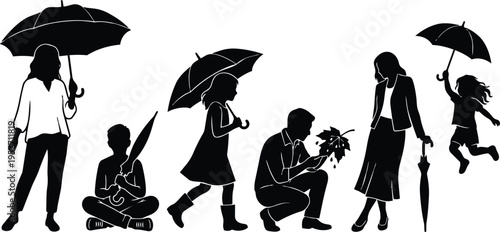 Black and white silhouette family with umbrellas and falling leaves vector art