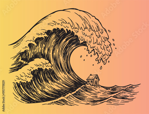 Massive tsunami wave approaching a small coastal house illustration