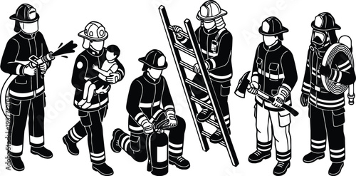Black and white vector art firefighters rescuing child with ladder hose extinguisher and axe