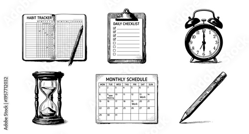Organized planning tools including habit tracker, checklist, calendar, and alarm clock