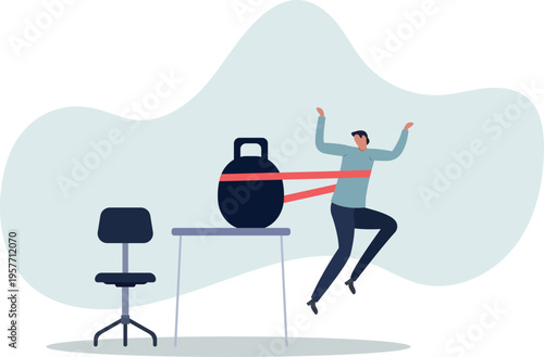 businessman tied up with red tape trying to run away with full effort.person's life situation and his activities.