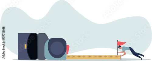 growth metric analysis concept, smart businessman using measuring tape to measure and analyze distance from target flag..person's life situation and his activities.