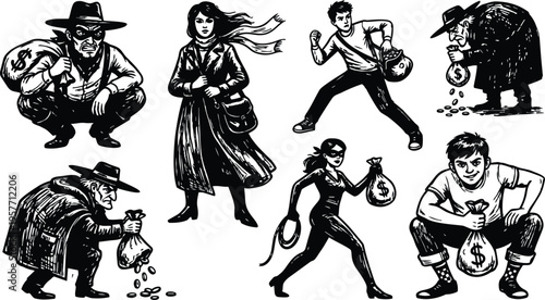 Retro line art masked thieves and pockets with money sacks and woman walking in coat moody black and white