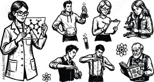 Monochrome line art scientist holding molecule diagram woman in lab coat with microscope and beaker