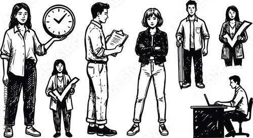 Line art group of diverse people with clock clipboard checkmarks and laptop in black and white