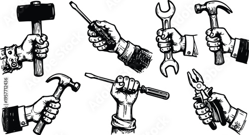 Black and white line art hands holding hammer wrench screwdriver and pliers in raised grip