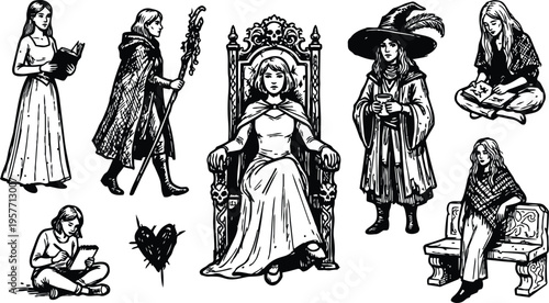 Queen on ornate throne in black and white line art with witches readers and cloaked figures