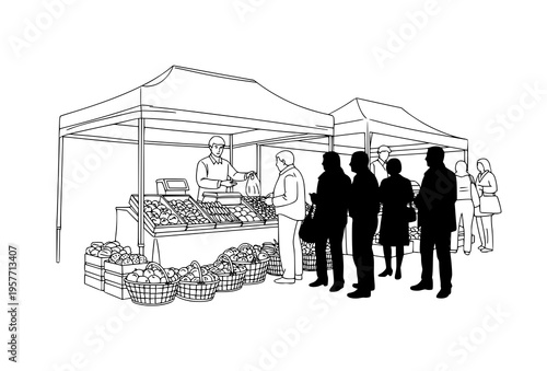 Market stall vector with outline environment and silhouette people modern mixed style illustration
