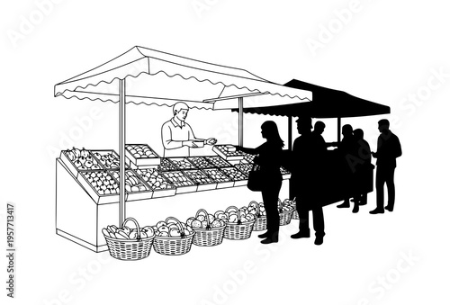 Market stall vector with outline environment and silhouette people modern mixed style illustration