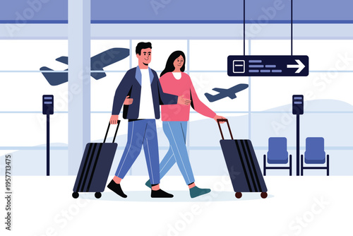Couple traveling with luggage at airport world tourism day illustration