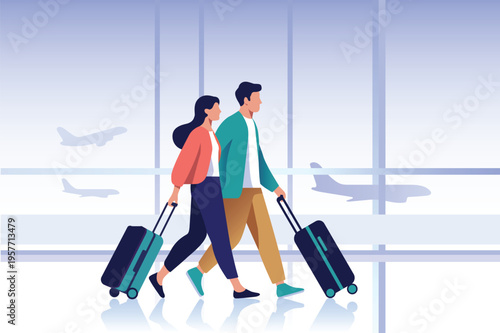 Couple traveling with luggage at airport world tourism day illustration