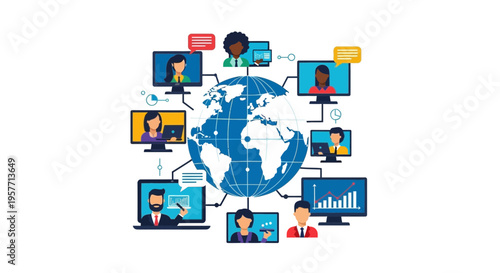 Global team members receive an international conference call on their computers