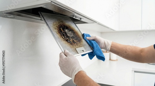 Foto Person in gloves cleaning a dirty kitchen range hood filter with a blue cloth