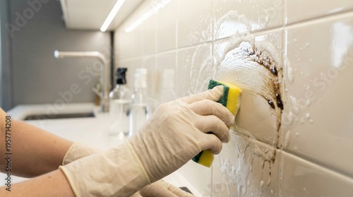 Quadro em tela Person in gloves cleaning kitchen tiles with sponge and spray.