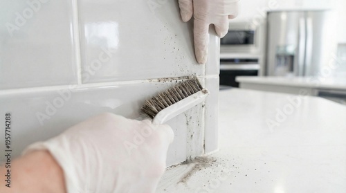 Fotografie Person in gloves meticulously scrubbing tile grout with a brush.