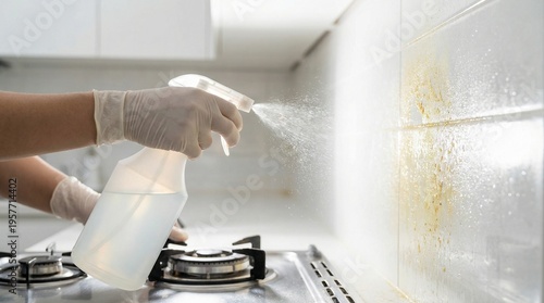 Tableau sur toile Person in gloves spraying cleaner on a dirty kitchen wall.