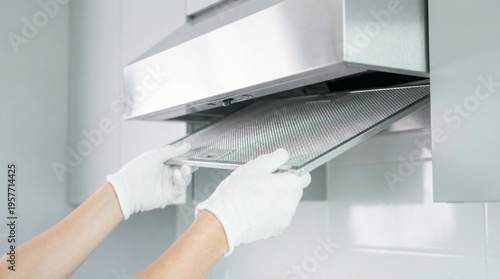 Konstfotografi Person in white gloves removing a metal filter from a kitchen range hood for cleaning