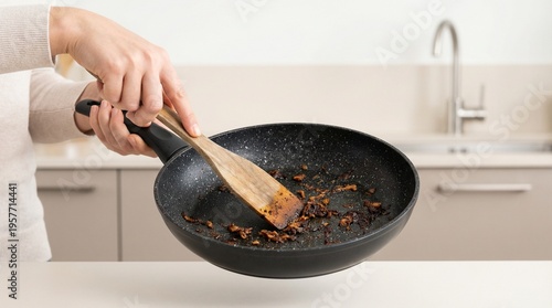 Tableau sur toile Person scraping burnt food from a dirty frying pan with a wooden spatula