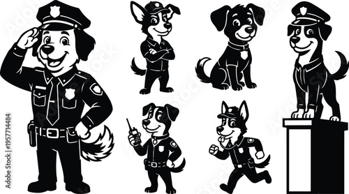 Black and white cartoon police dogs multiple poses with badge hat salute and walkie talkie