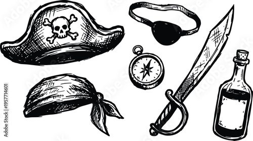 Black and white line art pirate hat skull crossbones bandana eye patch compass cutlass and bottle