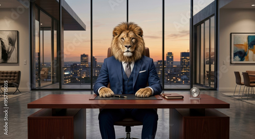 Lion CEO in Modern Office – Leadership Concept. 
Lion dressed as powerful CEO sitting in modern executive office. 
Powerful Business Leader Lion in Suit