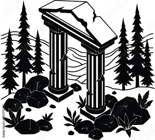 Black and white classical ruined arch with cracked pediment among pine forest vector art linework
