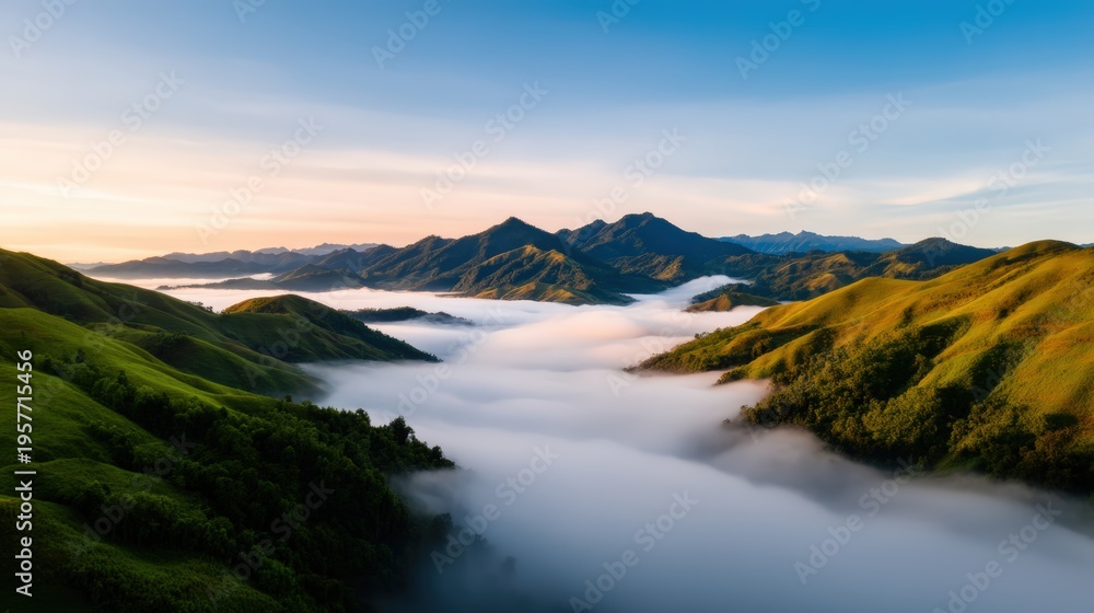 Obraz premium A stunning landscape featuring rolling green hills and majestic mountains, shrouded in a blanket of fog beneath a clear, blue sky.