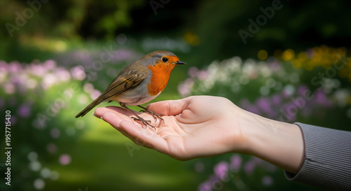 European Robin Bird Perched on a Woman's Hand in a Beautiful Summer Garden
