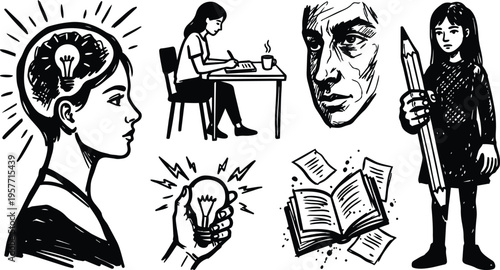 Black and white line art profile with brain lightbulb and girl holding giant pencil