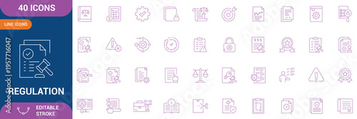 Regulation icon set. Containing rules, compliance, government, penalty, guideline, authority, procedure, ethics, law, conduct, and etc. Editable stroke. Vector file.