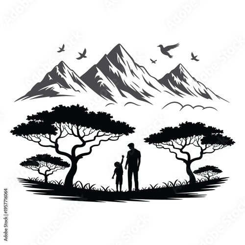 Mountain landscape with trees and family enjoying nature vector illustration