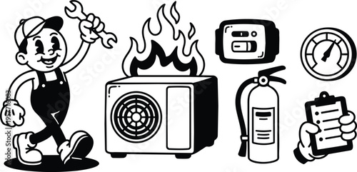 Retro black and white mechanic holding wrench walking past burning air conditioner and safety icons