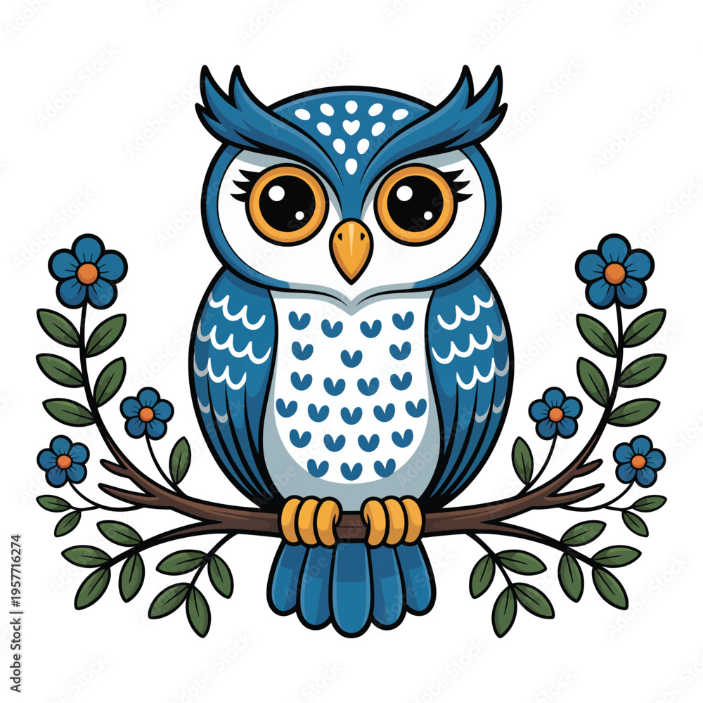 Fototapeta premium Cute cartoon owl on tree branch vector illustration