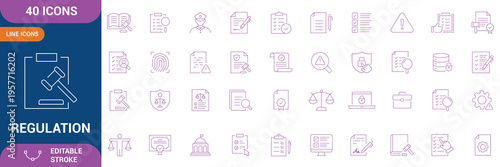 Regulation icon set. Containing rules, compliance, government, penalty, guideline, authority, procedure, ethics, law, conduct, and etc. Editable stroke. Vector file.