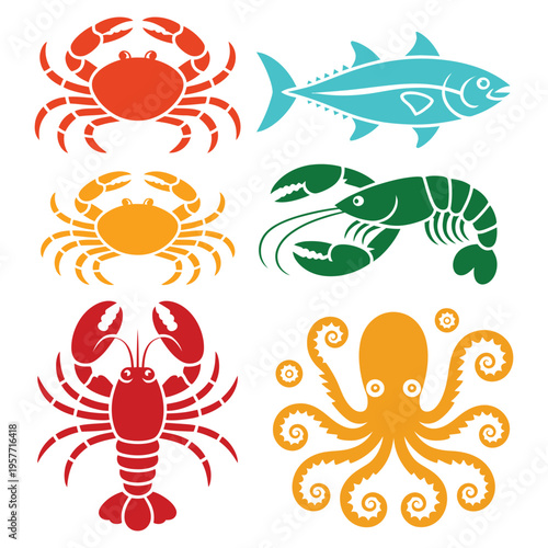 Vector set of sea animals including fish crab shrimp and lobster in cartoon and silhouette style for design icons and decorative elements
