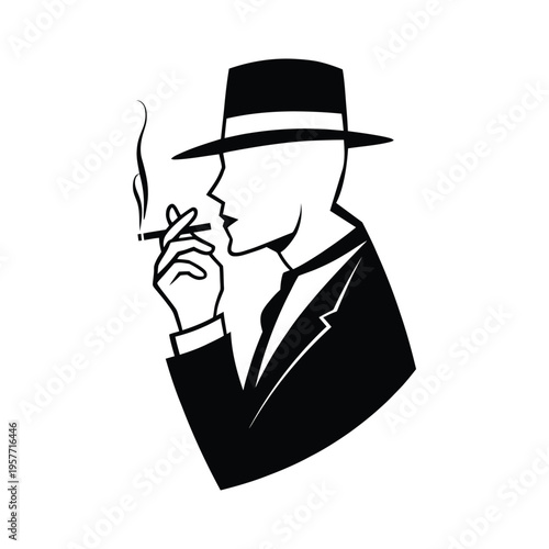 Silhouette of a stylish gangster man in a suit and hat smoking a cigar with a retro vintage look