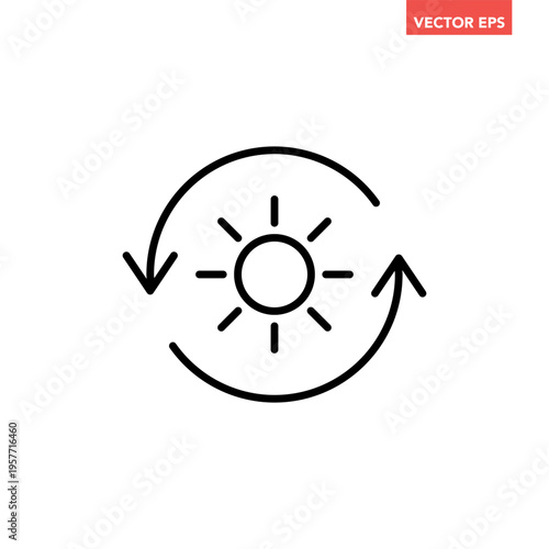 Black single sustainable sun energy line icon, simple solar energy conversion flat design infographic pictogram vector for app logo ads web button ui ux interface elements isolated on white background